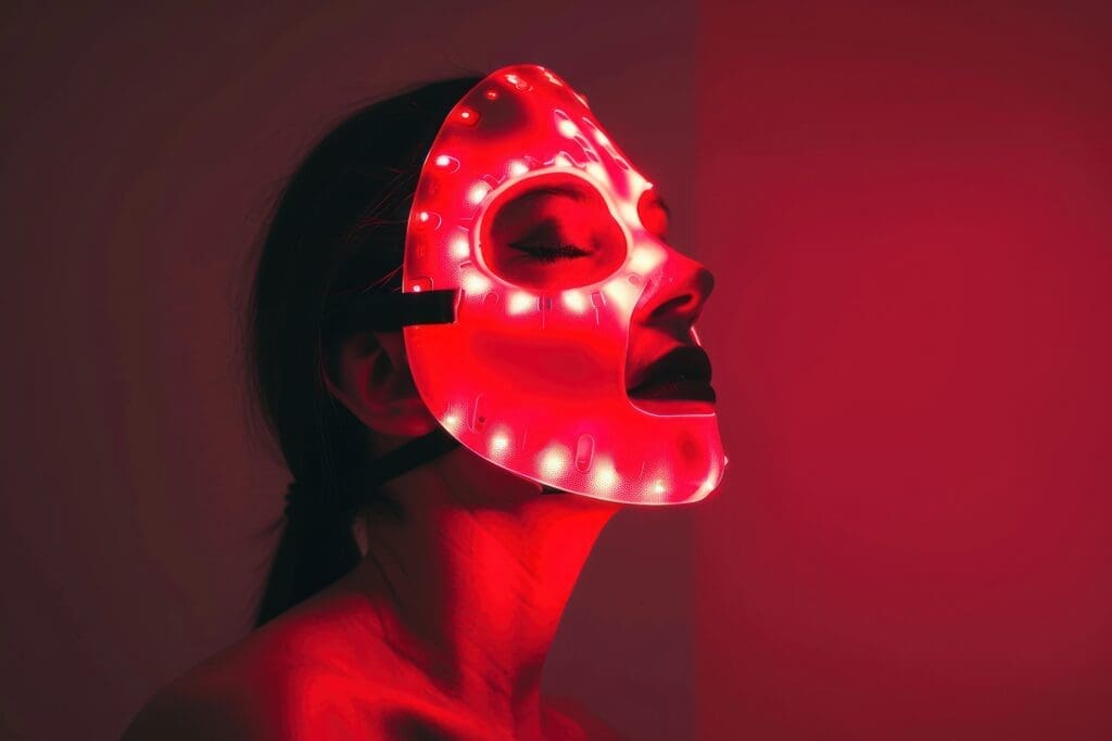 Young Woman using Red Light Therapy Mask